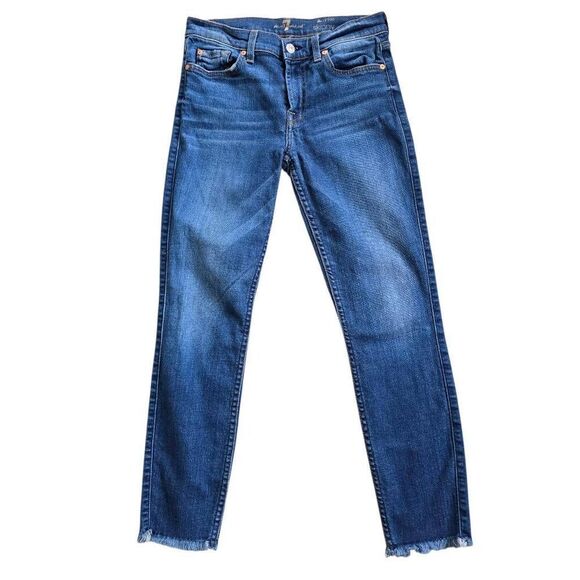 7 for All Mankind Ankle Skinny Jeans Womens 27 Blue Denim Frayed Zip Fly Stretch - Picture 1 of 8